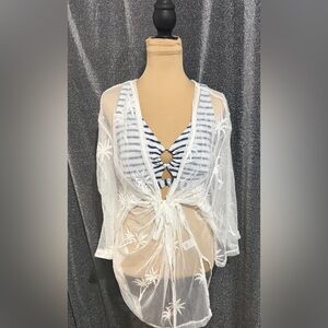 Shore Life Sheer White Palm Embroidered Beach Cover-Up